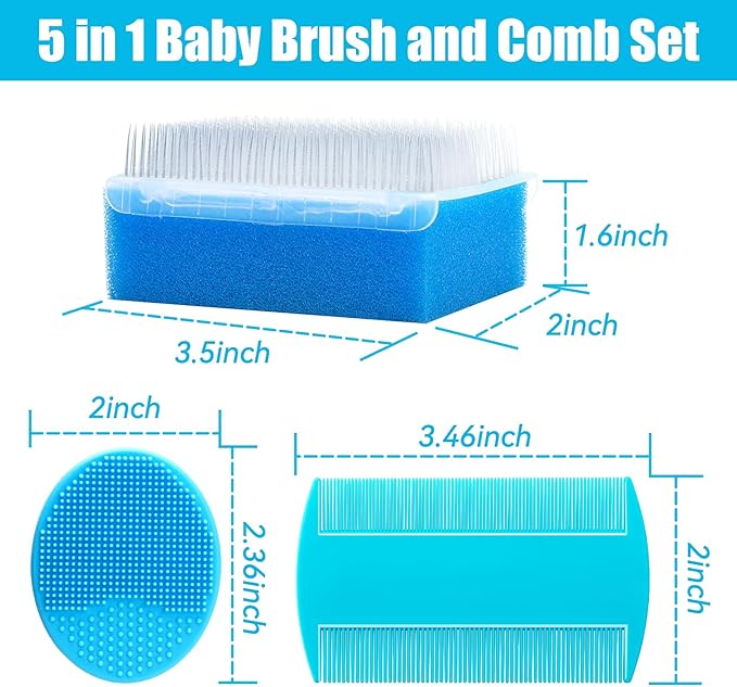 Cradle Cap Brush for Babies, 5Pcs Cradle Cap Treatment Set with Soft Bristle Brushes Silicone Scrubber Fine-Tooth Comb for Newborn Bathing Essentials Baby Brush and Comb Set (Blue)
