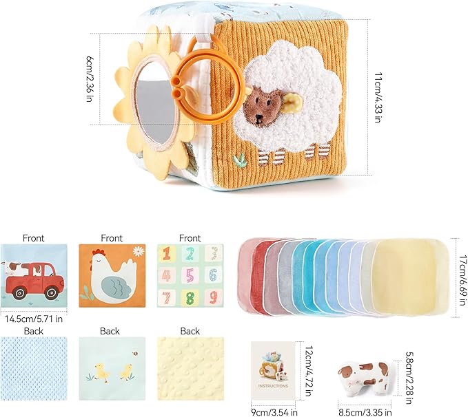 let's make Baby Tissue Box Toy, Farm Montessori Sensory Toys 6-12 Months, Play Silks & Crinkle Tissues with 3D Corduroy, Mirror, Squeaky Cow & Travel Clip - Fine Motor Skills Baby Girl Boy Gifts