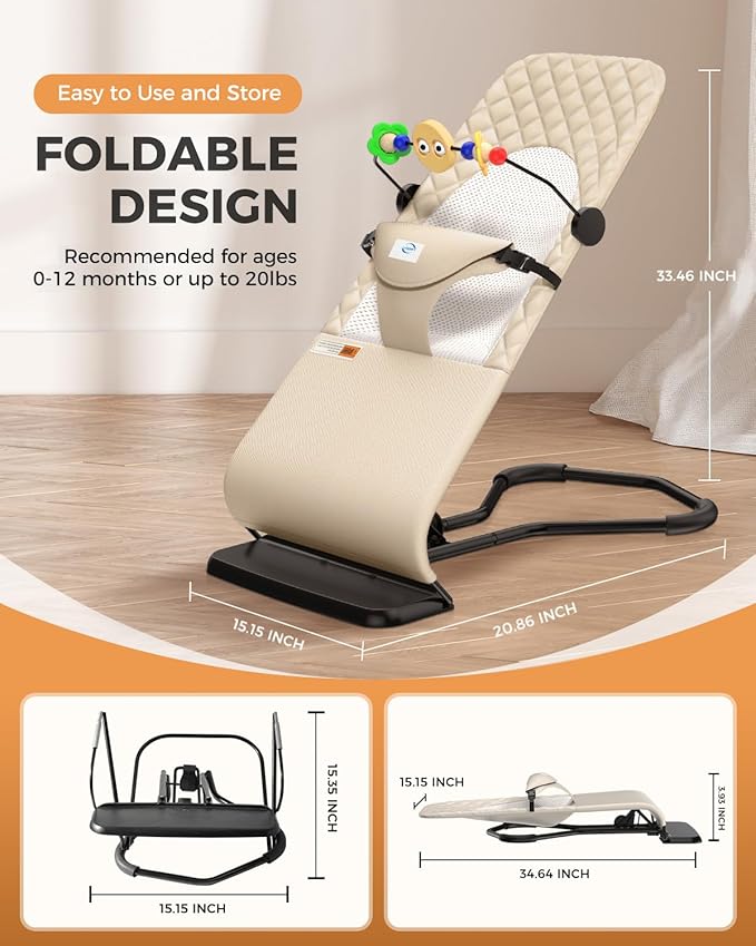 Bouncer Seat for Babies 0-12 Months, Baby Bouncer forBreathable and Comfortable Cushion, Three HeightAdjustments, Baby Rocker Portable Folding andDetachable, Ergonomic Baby Seat