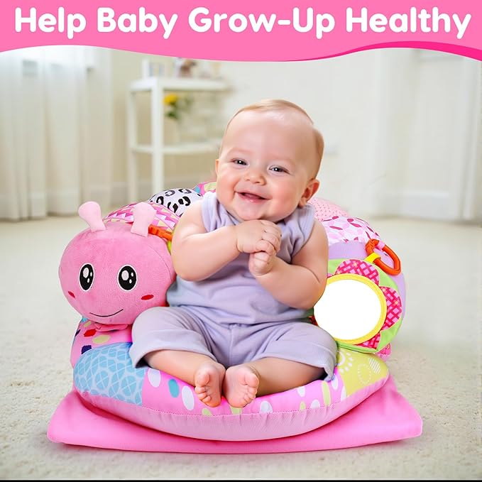 2 in 1 Baby Tummy Time Mat & Support Seated Pillow Infant Newborn Toys 0 1 2 3 4 5 6 Months Pink Caterpillar Sensory Developmental Playmat 0-6 3-6 12 Month Mirror Babies Girls Shower Easter Gifts