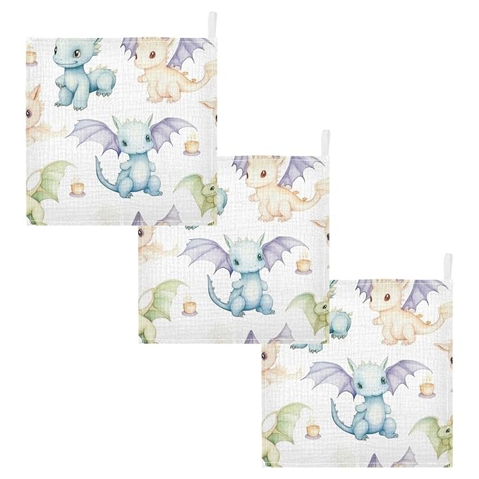 Cute Little Dragons Baby Washcloths, Soft and Absorbent Wash Cloths, Baby Bath Towel, Face Towel for Newborns, Infants, 5 Pack, 12x12 inches