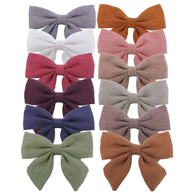 12 PCS Linen Bow Hair Clips for Baby Girls Hair Bows Alligator Clips Accessories Infants Toddler Kids Hairgrips (Linen 3.2'' Sailor Bow)