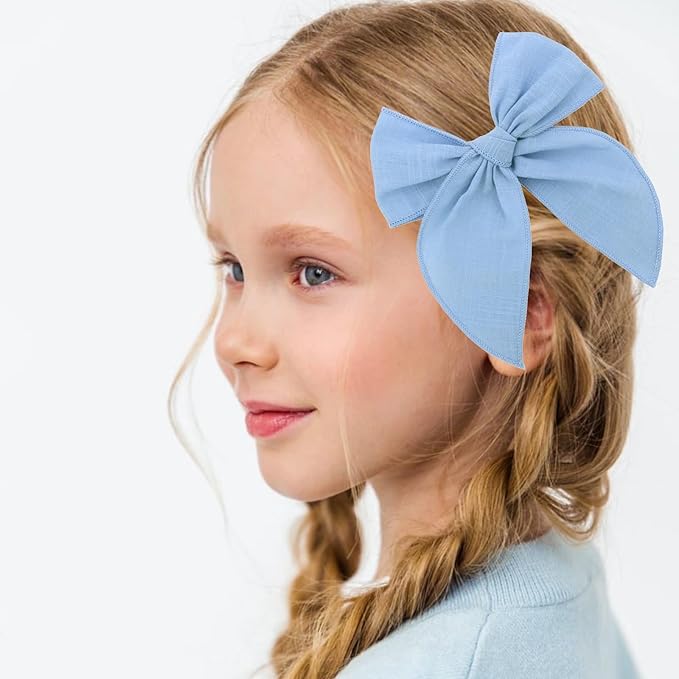 YUESE Linen Bow Hair Clip for Girls & Women – Soft Cotton Linen Fabric, Handmade Large Bow Barrette, Lightweight Hair Accessory for Daily Wear, School, Party & Gift (Blue)