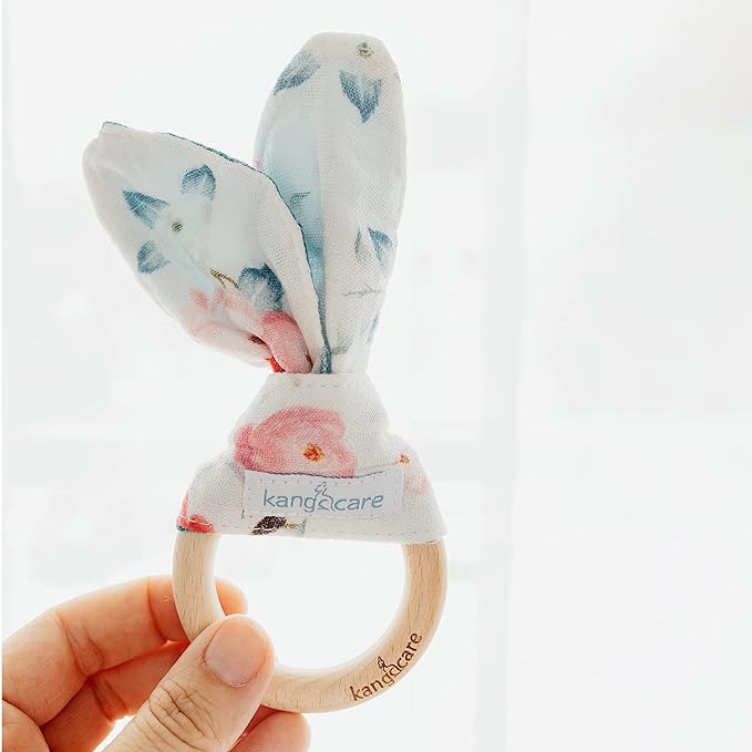 Kanga Care Baby Soft Muslin Sensory Crinkle Bunny Ear Wood Teething Ring - Lily Flowers