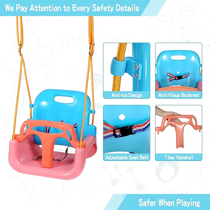 RedSwing 3-in-1 Baby Swing Seat, Toddler Swings, Anti-Flip Snug & Secure Detachable Infants to Teens Kids Swing Seat for Outside Playground, Pink Orange Blue