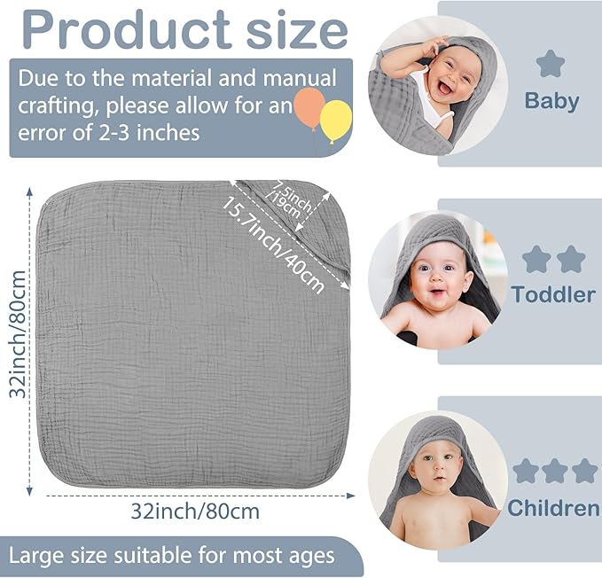 Peryiter 4 Pcs Muslin Hooded Baby Towels, 32"x 32" Cotton Newborn Bath Towel Muslin Infant Baby Blankets Absorbent Unisex Newborn Registry Gift Essentials for Girls Boys (Gray Series)