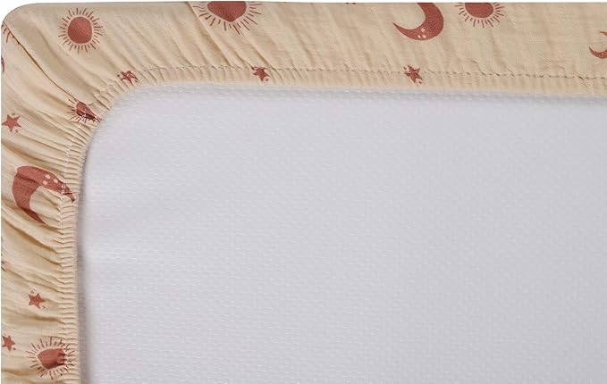 Onacosht Muslin Crib Sheets for Boys Girls, Soft Breathable 100% Cotton Baby Fitted Sheet 52" x 28" for Standard Toddler Crib Mattress, 2 Pack, Light Brown and Moon