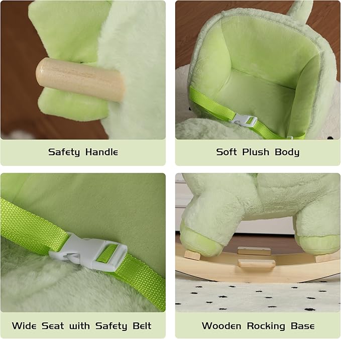 Dinosaur Baby Rocking Horse for Toddlers 1 Years to 3 Years, Stuffed Plush Ride-on Rocking Animal with Realistic Sound and Music, Wooden Rocking Horse with Seat, Green Dinosaur, CPC Certified