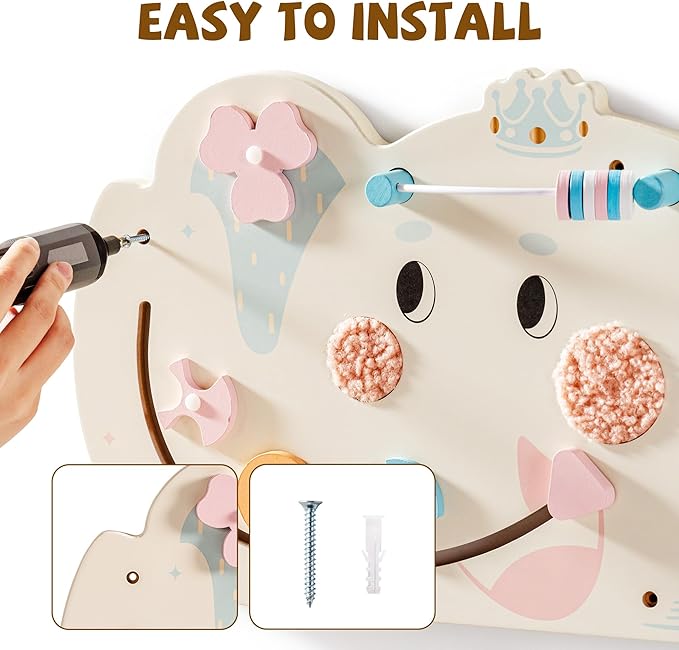 ROBUD Elephant Montessori Busy Board, 12-in-1 Activity Wall Busy Board, Montessori Sensory Wall Panel for Boys & Girls, Toddler Learning Activity Center for Playroom, Nursery, Beige