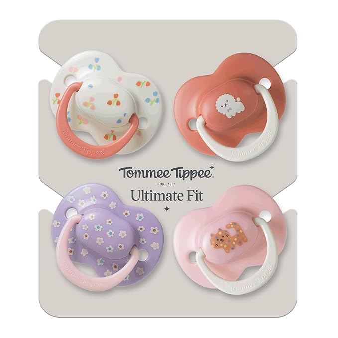 Tommee Tippee Ultimate Fit Pacifiers, 6-18 Months, Extra Air Holes, Symmetrical Nipple and Shield, 100% BPA Free Silicone, Dishwasher and Sterilizer Safe, Pink and Orange, Pack of 4