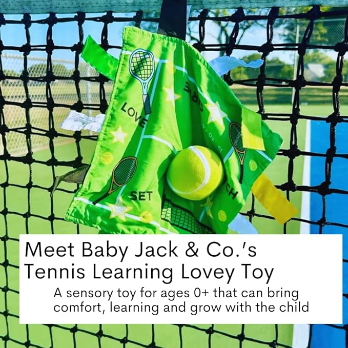 Baby Jack & Co 10x10” Tennis Sports Lovey Sensory Plush Blanket - Tag Toys for Babies - Baby Stroller Toys - Learn Shapes, Letters & Colors - Perfect MVP Baby Toy & Baby Sports Gift w/Stroller Clip