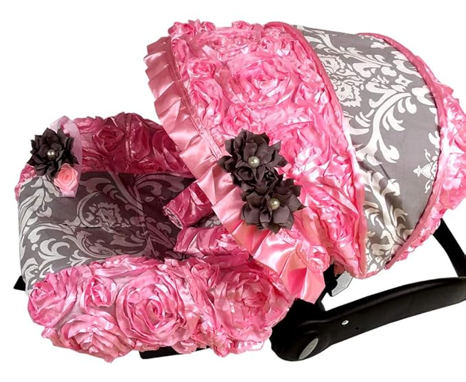 Rosy Kids Infant Carseat Canopy Cover 3pc Whole Caboodle, Baby Car Seat Cover Outdoor Kit, 3D Rosette Fabric, Baby Pink Grey Paisley Print