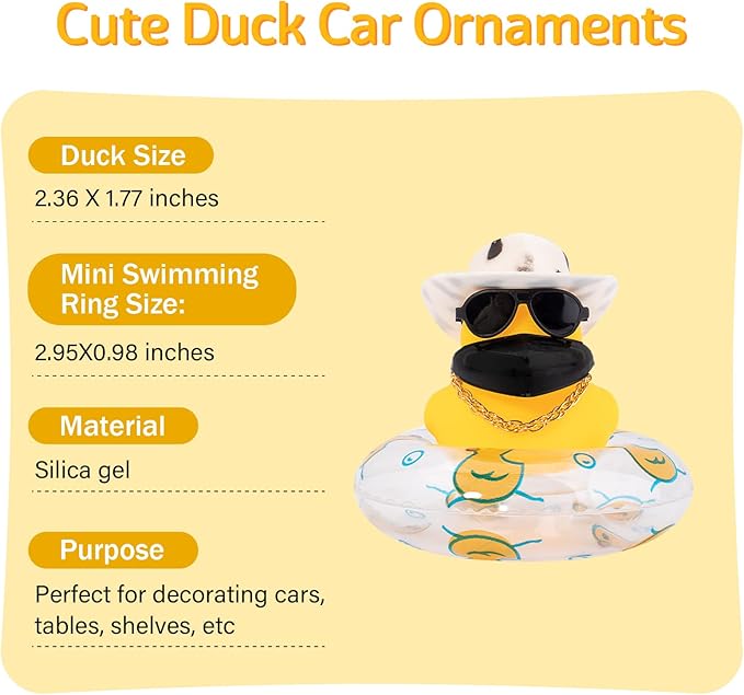 wonuu Car Duck Rubber Duck Car Ornaments Duck Car Dashboard Decorations with Cute Headband Swim Ring Necklace Sunglasses, A-Cowboy Hat White Black Spot