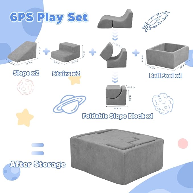 STAOLENE Soft Foam Climbing Blocks with Ball Pit, 6PCS Grey Indoor Climbing Toys for Toddler, Climb and Crawl Activity Play Set, Play Gym for Child Development (Balls not Included)