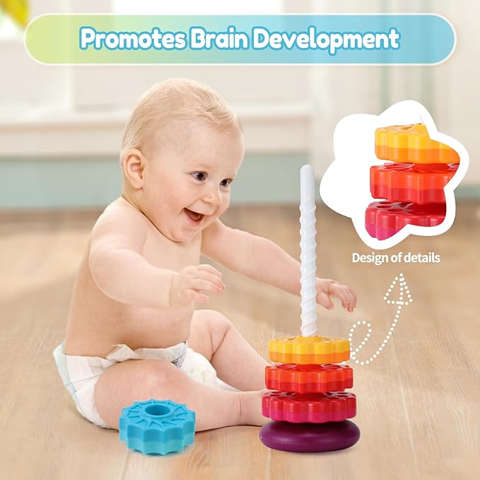 Riuja Baby Spinning Stacking Toys, 1-3 Rainbow Ring Stacker Montessori Toys for Babies, Sensory Toys for Toddlers, Christmas and Birthday Gifts Suitable for Boys and Girls (16 inches)