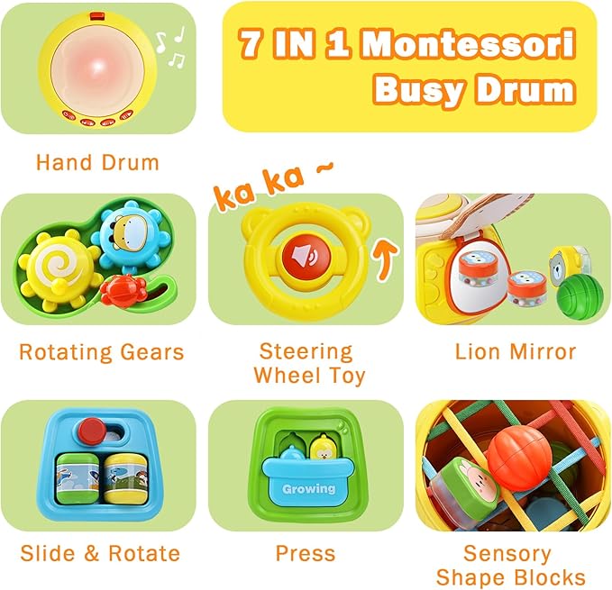 7-in-1 Activity Cube Drum Montessori Toys for Baby 18+ Months, Busy Toys for Toddlers with 9 Sensory Shape Blocks, Music & Light Educational Toys Christmas Birthday Gifts for Kids Boys Girls