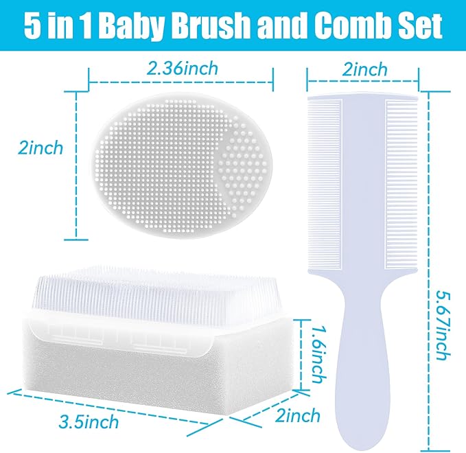 Cradle Cap Brush for Babies, 5Pcs Cradle Cap Treatment Set with Soft Bristle Brushes Silicone Scrubber Long Comb for Newborn Bathing Essentials Baby Brush and Comb Set (White)