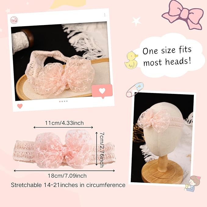 Lace White Bow-knot Baby Girls Headband Birthday Shower Infant Wrap Elastic Flower Baby Turban Hairband for Newborn Infant Toddler Kids (Pink B, Elastic)