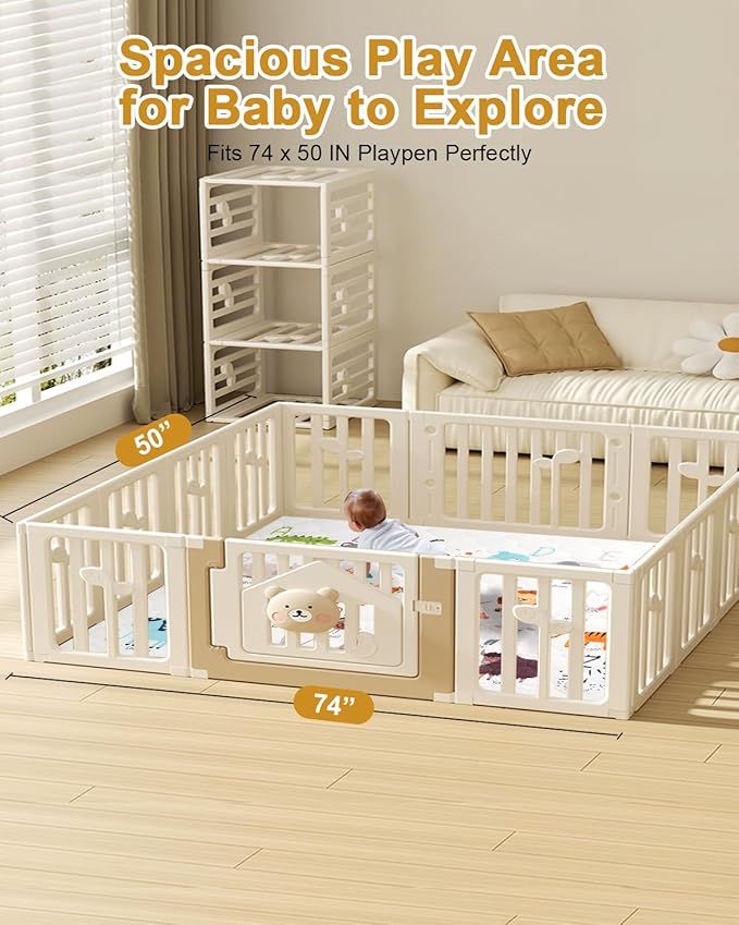 TINYHARBO Premium Foam Baby Play Mat 74" x 50" – Removable & Machine Washable Cover, Extra Thick Padding Playpen Mat, Non-Slip Crawling Mat, Easy to Clean for Infants, Toddlers & Babies