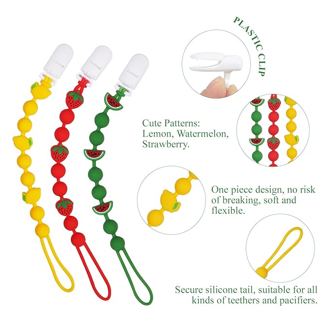 Cute Fruits Silicone Pacifier Clip Holder,Pack of 3,Flexible One Piece Design Paci Leash,Binky Clips for Baby Boys and Girls,Newborn Essential. (Lemon,Watermelon,Strawberry)