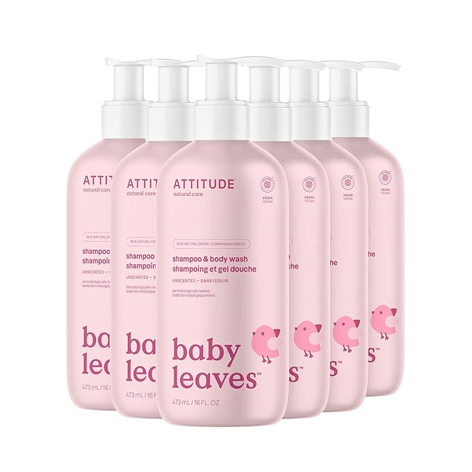 ATTITUDE Baby 2-in-1 Shampoo & Body Wash, EWG Verified, Fragrance Free & Dermatologically Tested, Vegan, Unscented, 16 Fl Oz (Pack of 6)