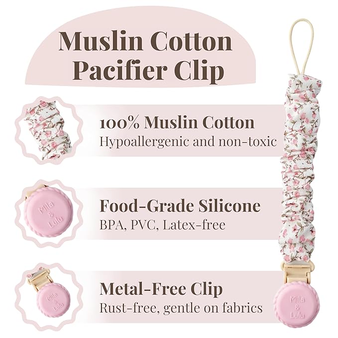 Muslin Cotton - Metal-Free Pacifier Clips, Lightweight and Secure Pacifier Holder for Babies (Ballerina Fleur) - Mila & Lulu