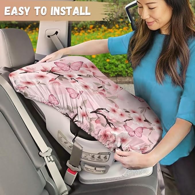 Cherry Blossom Car Seat Cover Baby Girl Car Seat Sun Shade Cover Replacement with Pink Butterfly Print, Easy Installation for Baby & Kids