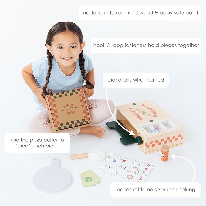 Pearhead Wooden Pizzeria Montessori Pretend Play Food Set, 38-Piece Play Kitchen Accessories, (38 Pcs) Toy Pizza Oven with Pizza Toppings Food Set, Preschool Toys for Toddlers, Ages 3+ Years