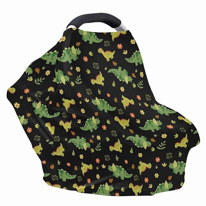 Biyejit Green Dinosaur Baby Multi-Use Cover - Nursing Cover, Baby Car Seat Covers, Shopping Cart, High Chair, and Breastfeeding Cover - Ultra-Soft, Stretchy, Floral Scarf for Baby and Mom
