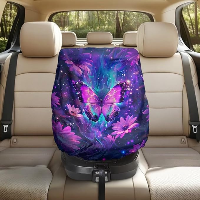 XYZCANDO Butterfly Print Carseat Cover for Baby Girl Purple Baby Car Seat Sun Shade Cover Easy to Install Car Seat Sun Protection for Toddler Univiersal Car Seat Covers for Babies Gift for Friends