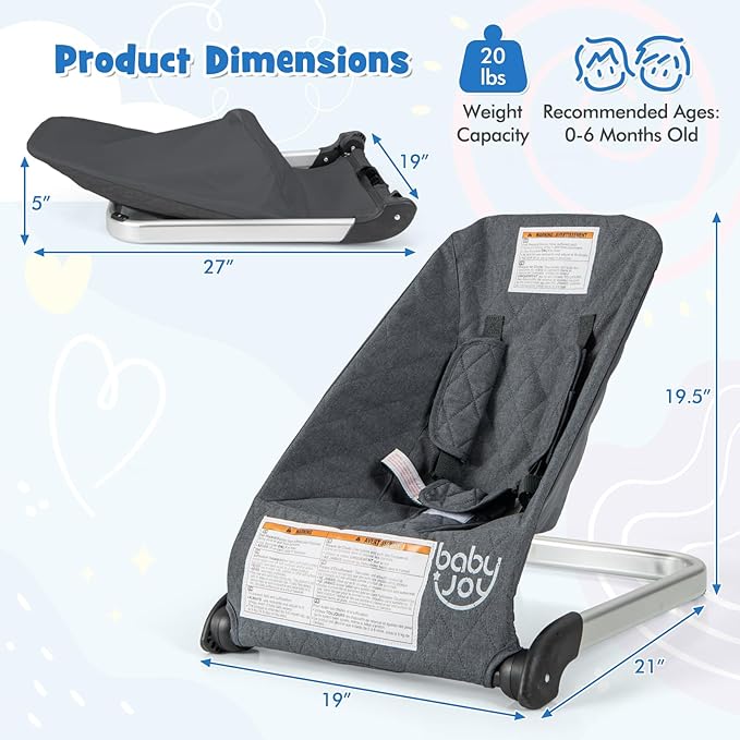 BABY JOY Baby Bouncer, Foldable Bouncer & Stationary Seat with 5-Point Safety Harness, Removable Fabric Cover, Portable Infant Bouncer Seat for Newborns Baby 0-6 Months (Dark Gray)