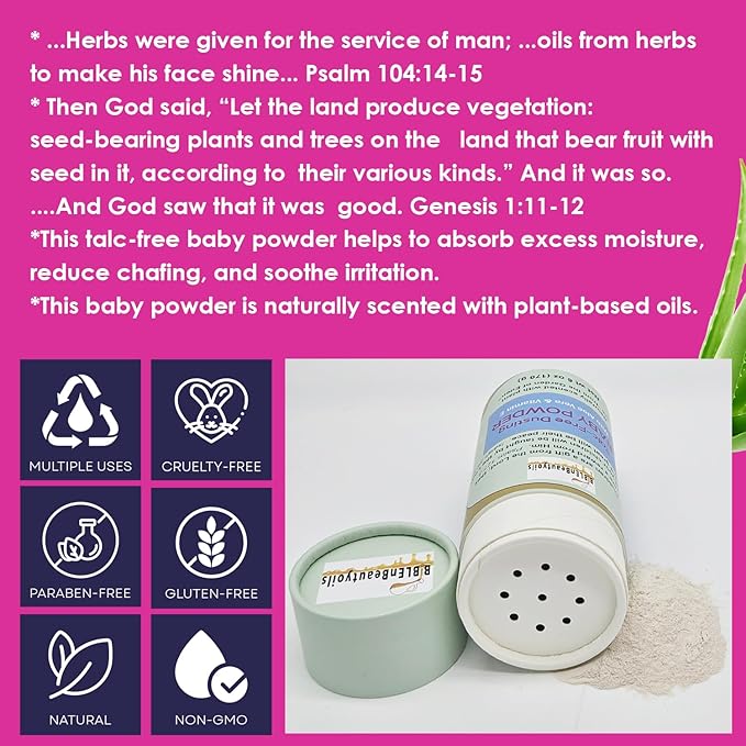 BiblenBeautyoils Talc-Free Dusting Baby Powder Newborn Essentials with Aloe Vera and Vitamin E for Baby’s Delicate Skin, Natural Ingredients, Bible Scriptures, & Prayers, Naturally Scented.