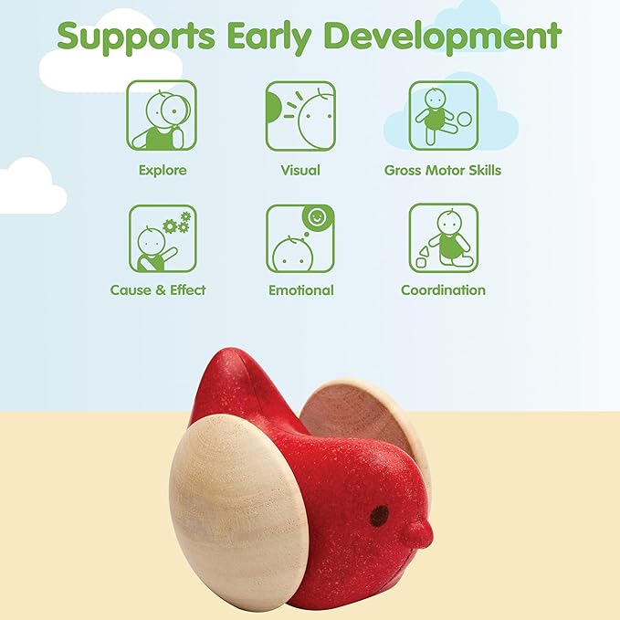 PlanToys® Wooden Bird Roller Toy | Montessori Inspired Rolling Toy for Crawling, Visual Tracking & Motor Skill Development | Eco Friendly Push & Chase Activity for Babies