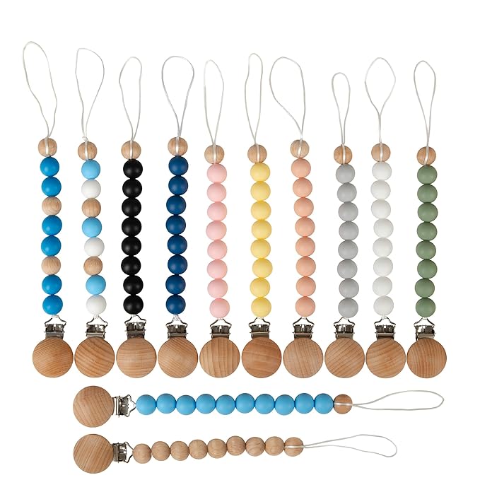 Pacifier Clip Made with Silicone Beads and Secured with Wood Clip. 1 Piece Design. BPA-Free. Chewable. 9" Long. Keeps Pacifiers and teethers securely Fastened. (Brown)