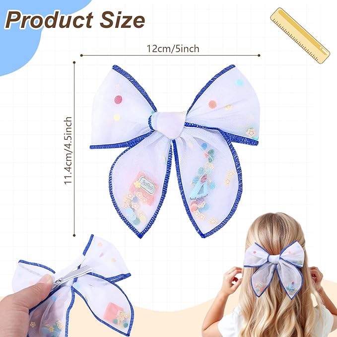 CN 6 PCS Back to School Tulle Hair Bows for Girls, Pencil Bows with Glitter Letter Alligator, Colorful School Hair Barrettes Yellow Hair Ornaments Accessories for Little Girls Toddler Teens