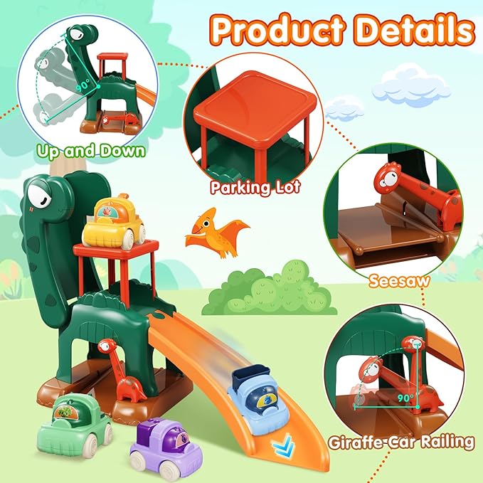 Toddler Toys for 1 2 Year Old Boys Educational Dinosaur Slide Toys with 4 Push Car Toys for Baby 12-18 Months,First Birthday Easter Gifts for Kids,Montessori Learning Race Car Track Ages 1-2 (Green)