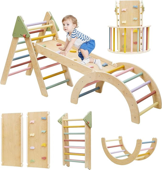 Foldable Pikler Triangle Climbing Set Wooden 7 in 1 Montessori Climber Toys for Toddlers 1-3 Baby Jungle Gym Indoor Slide Playground with Ramp/ Arch/ Ladder Large Kids Activity Center Boy & Girl Gift