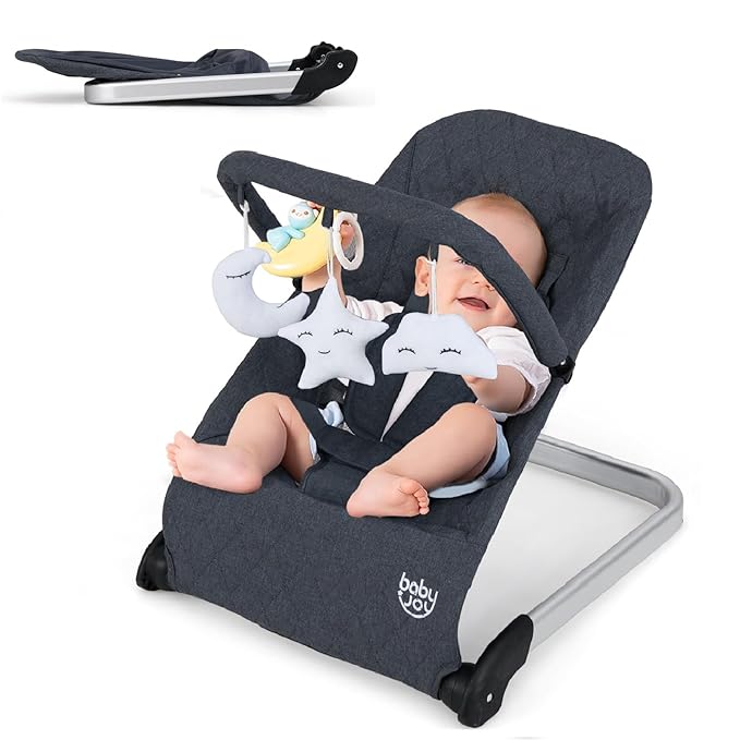BABY JOY Baby Bouncer, Foldable Baby Bouncer Seat with 5-Point Safety Harness, Removable Fabric Cover & 3 Plush Toys, Portable Infant Bouncer for Babies 0-6 Months (Dark Grey)