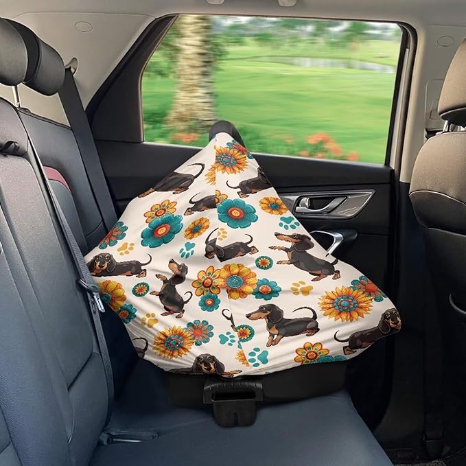 AFPANQZ Boho Flower Dachshund Stretchy Baby Car Seat Nursing Breastfeeding Cover Kit Super Breathable Multiuse Infant Carseat Canopy Stroller Cover Scarf for All Seasons Girl Boy Baby