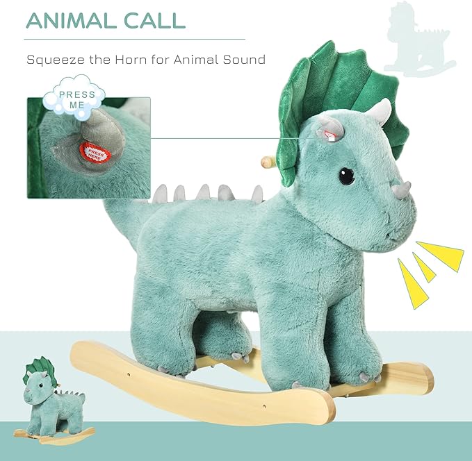 Qaba Kids Plush Ride-On Rocking Horse Triceratops-Shaped Plush Toy Rocker with Realistic Sounds for Child 36-72 Months Dark Green