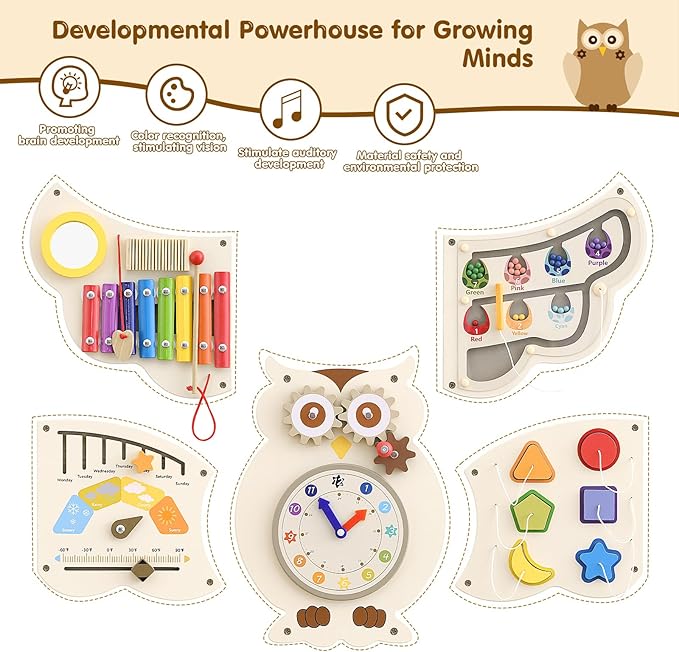 Owl Activity Wall ToysBusy Board, Wooden Montessori Sensory Toys, Learning Activity Center for Playroom,Daycare, Nursery, Classroom, Educational Toys for Toddler