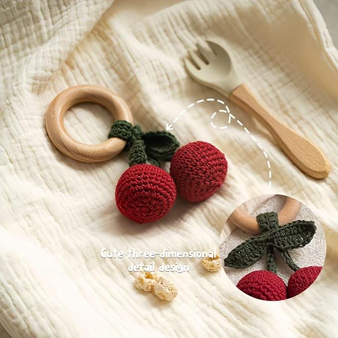 Wooden Baby Rattle Toys Stuffed Crochet Rattle with Teether Ring for Newborn Babies Fruit Wooden Teether Toy Infant Toddler Handcrafted Crochet Rattles Cute Shower Gifts for Boy and Girls