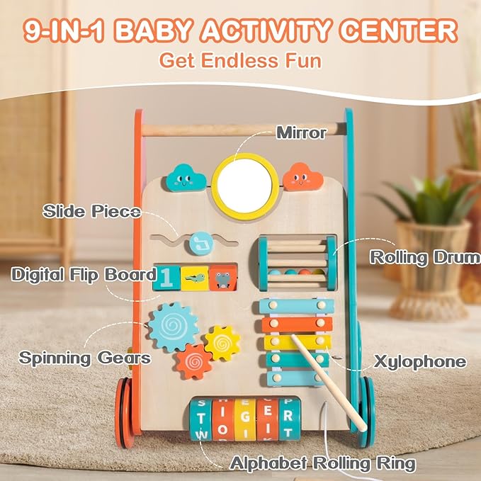 Wooden Baby Walker with Wheels, Walker for Baby Boys 12 Months Push Toy, Sit to Stand Activity Walker Learning to Walk
