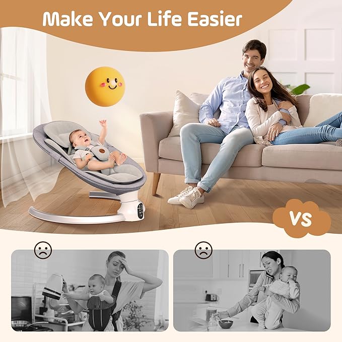 Baby Swings for Infants - Exclusive App & Bluetooth Function, Electric Baby Swing with 5 Point Harness & 5 Sway Speeds, 10 Preset Lullabies, Portable Infant Swing for Indoor/Outdoor (Light Gray)
