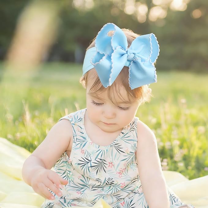 6'' Jumbo Blue Baby Girls Bow Headbands, Handmade Grosgrain Moonstitch Boutique Baby Headwraps, Super Stretchy Soft Nylon Headbands for Newborns, Infants & Toddlers