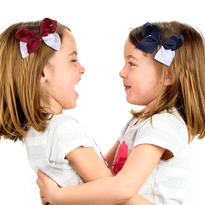 Maroon and White Bows for Girls,6PCS Hand-made Grosgrain Ribbon Hair Bows Alligator Clips Hair Accessories for Little Teen Toddler Girls Kids (Maroon/White)