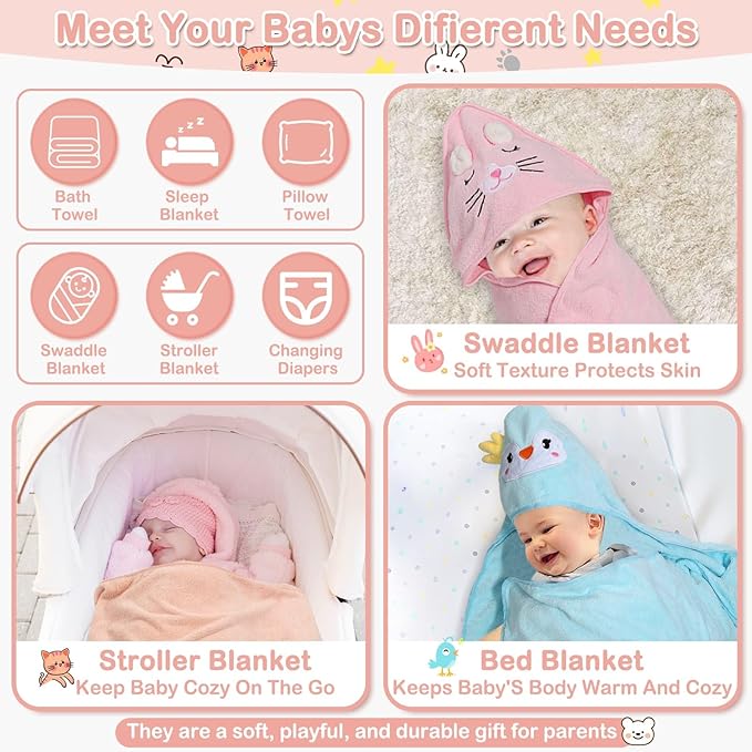 Sublaga 14 Pcs Baby Towels, Soft Baby Towel and Washcloths Set, 4 Pcs 32x32 in Hooded Bath Towel, 8 Pcs Baby Washcloths and 2 Pcs Cotton Baby Bibs for Newborns, Toddlers, and Kids for Boys and Girls