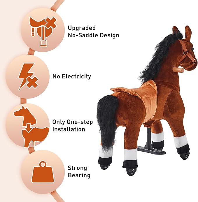 Ride on Horse Toy for Kids Riding Horse Pony Rider Mechanical Cycle Walking Action Plush Animal for 3 to 4 Years, No Battery or Electricity,Max Load 132 LBS, Small Size