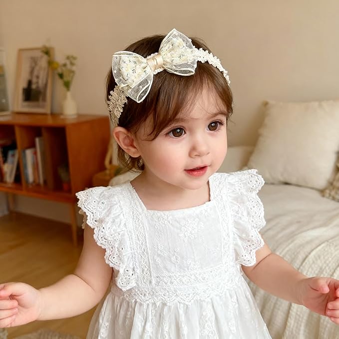 Handmade Baby Girl Headbands in Beige Baby Bows and Floral Lace Headband Bows for Newborns and Toddlers Cute Baby Girl Bows and Newborn Headband Bows
