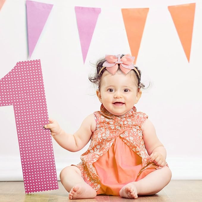 Glitter Birthday Hair Bow for Baby Girls 1 2 3 4 5 6 Years Peach Party Decoration Hair Accessories Headband for First 1st One Birthday